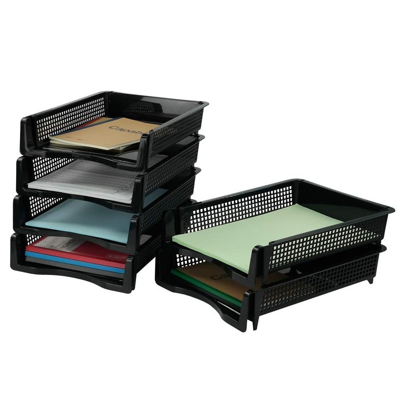 Qskely 6-Pack Black Plastic Stackable Paper Tray/Basket, Stackable Office Lletter Organizer Desk Tray - Image 1